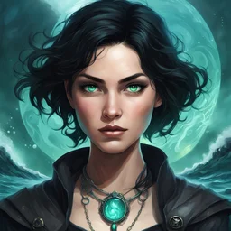 dungeons & dragons; digital art; portrait; female; warlock; the fathomless; sea green eyes; short black hair; young woman; clothes for sea travel; teenager; deep waters; ocean water; circle halo background; no jewelry; young; pretty; dark clothes