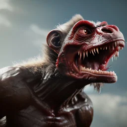 genetically spliced gorilla lizard eagle bat, feeding, in flight, large fangs, horror, bloody, perfect, meticulous