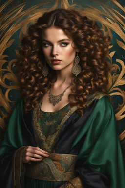 3/4 lighting, Zoomed in Head and shoulders portrait of a high fashion model with Jewish and Irish ancestry, highly detailed elements including in the style of a Pre-Raphaelite painting.