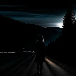 dark night, a woman silhouette on the side of the road,, mountains and forests next to the road, a sunrise in the distance, photo quality