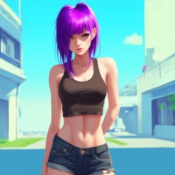a pretty girl, skinny, relaxed, tank top, purple hair, digital art