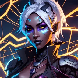 female cyberpunk Latina drow surrounded by crackling electricity, wild facepaint, anime style, retroanime, video game character, smiling coyly