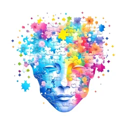 Celestial Connections: Puzzle head, blooming with flowers, set against a pastel universe filled with stars and colorized hues , white background , tshirt design , vectro , HD