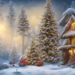 foto realistic winter house with a illuminated christmas tree and presents in the night