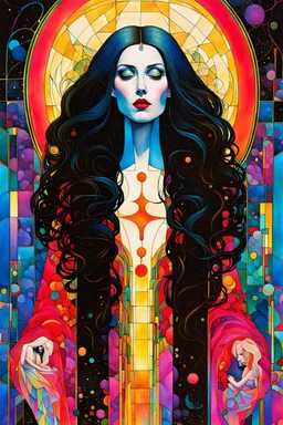 Create chaotic abstract cubist full body religious triptych depicting a seductive Gothpunk Saint Mary Magdalene , with highly detailed facial features, in the style of Bill Sienkiewicz, Philippe Druillet, Gustav Klimt, and Jean Giraud Moebius, precisely drawn, colored and inked