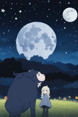 starry night with only one full moon in a pasture during fall anime