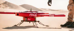 Coca-Cola Branded unmanned combat aerial vehicle, middle east Desert, cinematic, Fuji Film, Anamorphic lens, 2040s, deep depth of field, in a Cyber punk WW3 film, Like Fallout 4