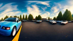 wide angle shot of crying woman driving through parking lot away from visible hotel building