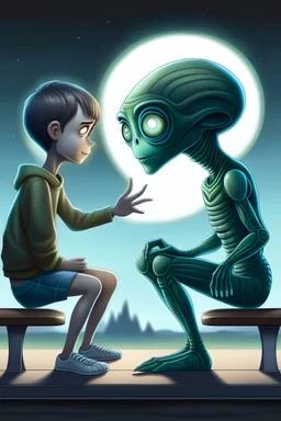 alien and a boy sitting on a bench. alien isshowing boy with his alien hand the universe that boy never saw with his human eyes. there are geometric stuff all around and some planet stuff. boy and alien are friends. realistic style, like photography.
