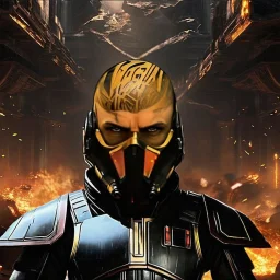 star wars bald male corellian jedi wearing gunmetal grey and black old republic armored flightsuit with gold and metallic red trim inside the jedi temple, centered head and shoulders portrait, hyperdetailed, dynamic lighting, hyperdetailed background, 8k resolution, volumetric lighting, light skin, fully symmetric details