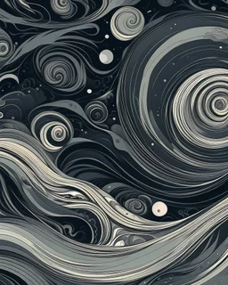 A gray swirling outer space with warped galaxies in art deco art style
