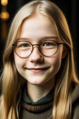 portrait of a 14 year old girl named Anna Petrov, friend of a main character of a youth novel, Slavic, full lips, blond hair, glasses smiling