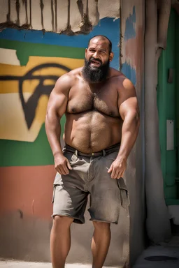 close up photography of an ugly 40 year old stocky robust burly marocan giant, wearing ripped work shorts, shirtless, leaning with his back on the wall, crossing arms, dirty, sweat, wet, ajar mouth, hairy chest, , very virile, short beard, shaved hair,, , in a sunny street, photorealistic , frontal view from the ground