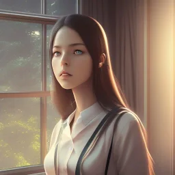 Anime, female student studying under window ,perfect face, cool face, ultra detail, unreal engine 5, cinema4d, sun light, studio lighting --ar 1:1 --v 4