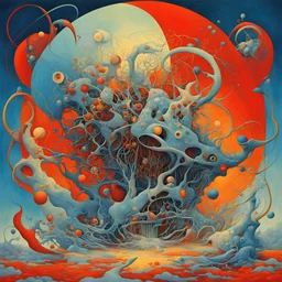 rolling like mad marbles, Bauhaus slide show shooting code, Alex Janvier and Zdzislaw Beksinski deliver a sinister surreal masterpiece, icy hues, warm colors, sinister, creepy, expansive, dark shines, asymmetric, Bauhaus style,