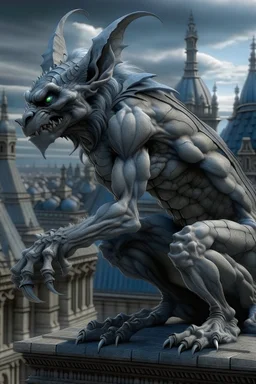 captivating and highly detailed fantasy, gothic illustration featuring a grayish Gargoyle with curly bluish hair crouching above the city, leaning forward to observe the people below. Style of artist Anne Stokes, Gothic, Dark Fantasy, photo, 3d rendering, cinematic