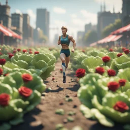 100 m championship running on lettuce cabbage and roses, in the style of a fallout 4,bokeh like f/0.8, tilt-shift lens 8k, high detail, smooth render, down-light, unreal engine, prize winning