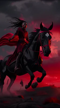 A black hooded woman with cane on a black wild horse , jumping on fire ,red clouds in the sky with storm and cinematic scene 4k