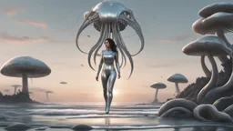 A woman with dark hair in a silver robotic catsuit, standing on a beach, flying mushrooms with octopus tentacles floating above her