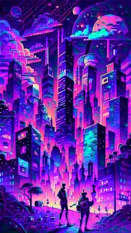 illustrations with a professional art style that show people learn artificial intelligence, use colorful and midnight city theme as a background, make it outstanding