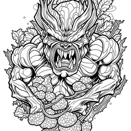 outline art for square broccoli twisted predator coloring page for kids, classic manga style, anime style, realistic modern cartoon style, white background, sketch style, only use outline, clean line art, no shadows, clear and well outlined