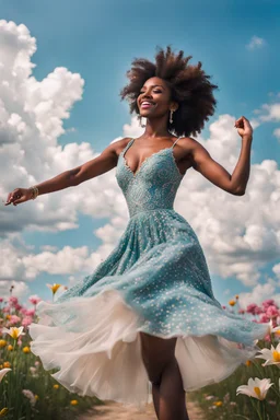 The camera zooms in, focusing sharply on very beautiful black girl with make up Lily wearing pretty dress as she dances gracefully in the same romantic environment with flowers and sky with nice clouds. Her joy and youth are presented against the backdrop of the surreal surroundings.