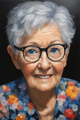 Oil paint on canvas, chiaroscuro, deep shadows, masterpiece, happy, 2020 caught off guard, 79-year-old Phyllis Kendall, short pixie-cut, shag-cut straight, dark salt and pepper hair, overweight, blue eyes, great big, round lensed eyeglasses, wearing a black, floral print, short-sleeved, pull-over shirt, dark blue sweatpants, sitting at the computer checking her emails