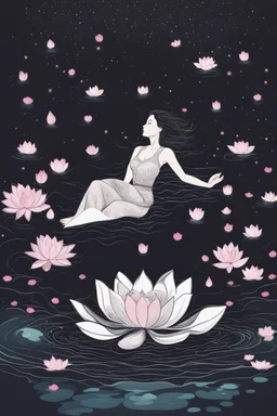 woman floating in water, top view, night time, lotus floating in water, freedom, bust up, sense of liberation