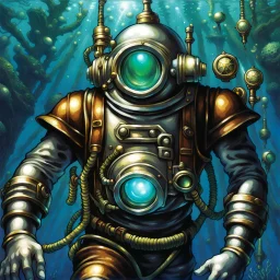 90's tcg art silver steampunk male diver with glowing helmet underwater