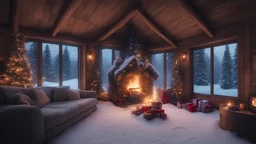 a cabin in the woods from inside with christmas decorations, a fireplace with gifts and presents on each side, a look from inside to outside to a view of hills cover in snow fall at night in 8k resolution