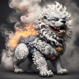 foo dog with curly white fur, smokey breath and fire, a long tail, moving forward towards viewer, wrapped in smoke