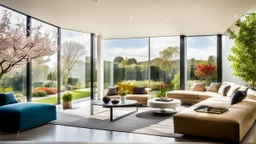 Beautiful modern luxurious minimal domestic living room, floor-to-ceiling windows look out onto attractive flower gardens and fruit trees. Room is light, comfortable, peaceful, welcoming and tasteful. The home was recently the winner of a national architecture award. Afternoon, springtime, blue sky with some high cloud.