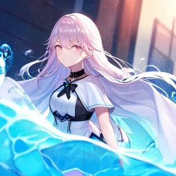 Clear focus,High resolution, Blue long hair, Light pink eyes,Wearing a white cloak,Wearing a pink short skirt,wearing a black collar,Looking away from the viewer, Blurry floating water