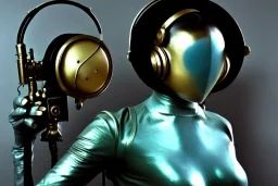 Golden to cyan surfaces body, latex. Tendril-mask-Synthesizer-proboscis. Lightly armored bodies. Metallic headphones and speakers. Man and hot Russian military girl. Old-fashioned cameras ntegrated to heads. Strange Steam-punk Silver tumbler hands! Dystopia perfect body. Mind-download from 1960's computer. Partly symmetrical in relation to speaker. Perfect golden ratio in all directions. Space-corruption. Steam-machines-tubes. Oppressive atmosphere. Thick Mind-upload-cable