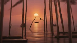 Large birds fly between long, fragile bamboo pillars that support dilapidated cabins in uncertain balance, over a calm sea where small fishing boats work, in an atmosphere of reddish sunset