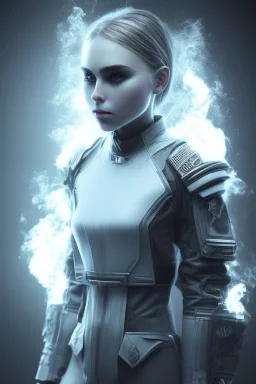 All Black AnnaSophia Robb soldier, ghost, wearing high tech mask, white smoke, dark, rage, sorrow, high definition, ultra 8 k, volumetric lighting, blue fire, fog