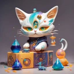 A cat plays with a acid Alchemy Set, in blind box toy art style