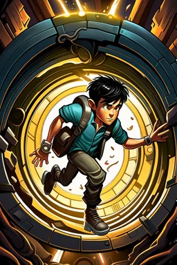 gimme a book cover photo which a boy 11 year old with dark hair has the timex stopped watch on wrist and he is jumping into a portal