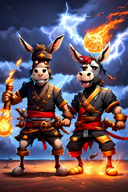 Donkey pirate and donkey ninja with thunderstorms in the background and fireballs falling from sky