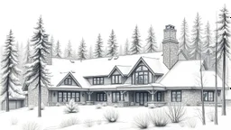 residencia de invierno con grandes chimeneas de piedra y techos planos que se extienden hacia el horizonte nevado integrándose con los pinos circundantes dibujo a lápiz con lavados de acuarela azul y gris muy sutiles