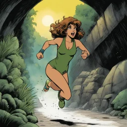 [art by Kevin Eastman and Peter Laird] surprised April O'Neil, 24-years-old wearing a olive green one-piece swimsuit , running away from a creature, the underground tunnels in the background, vibrant 1990's movie