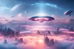 magnificent and luminous ufo, flying abover a futuristic city with pink and blue colored building very sweet and pacefull