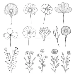 set of grow wind flower bouqute, SIMPLE ONE lineS art, white background, minimalis, different view, only white bakcground solid.