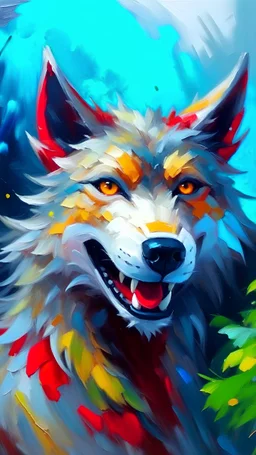 happy gentle kind grinning werewolf, smiling eyes wide open: daytime: acrylic painting, trending on pixiv fanbox, palette knife, brush strokes: