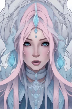 mixed race female with long straight pink hair, as an Ice mage in the style of balanced symmetry, black and blue, detailed facial features, frozen, ice, organic forms, muted tones, meticulous portraiture, complex patterns