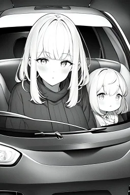 blonde young girl inside car, greyscale