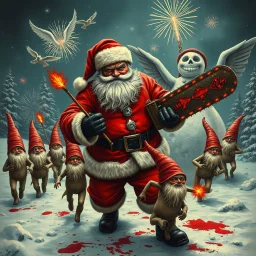 there is no kebabs at christmas, evil Santa, evil naked gnomes running around, staring flaming eyes, evil naked Rudolf, very big evil melting angry Frosty the snowman in background, 1940 christmas postcard, blood stains, Flying angels, Santa holding a chainsaw, fireworks, Tim burton style