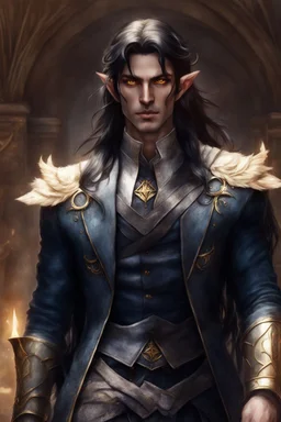 pointed ears elven male, long black hair, golden eyes