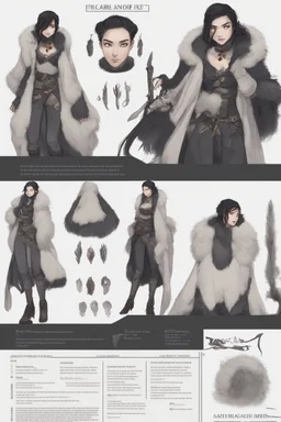 A dnd character sheet. A woman dressed for the cold north dressed in dark furs, with black hair