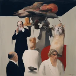 UN conference,a cat and human flesh-like surgical instruments and universe-like a pigeon and neuralink, surrealism,minimalism,Painting By Adrian Ghenie, Rene Magritte, Salvador Dali, Lucian Freud